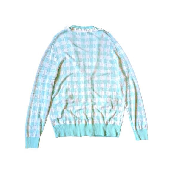 NEW Sibling London Sky Blue Ruffle Trim Checked Knitted Cardigan Sweater Large - Picture 6 of 10